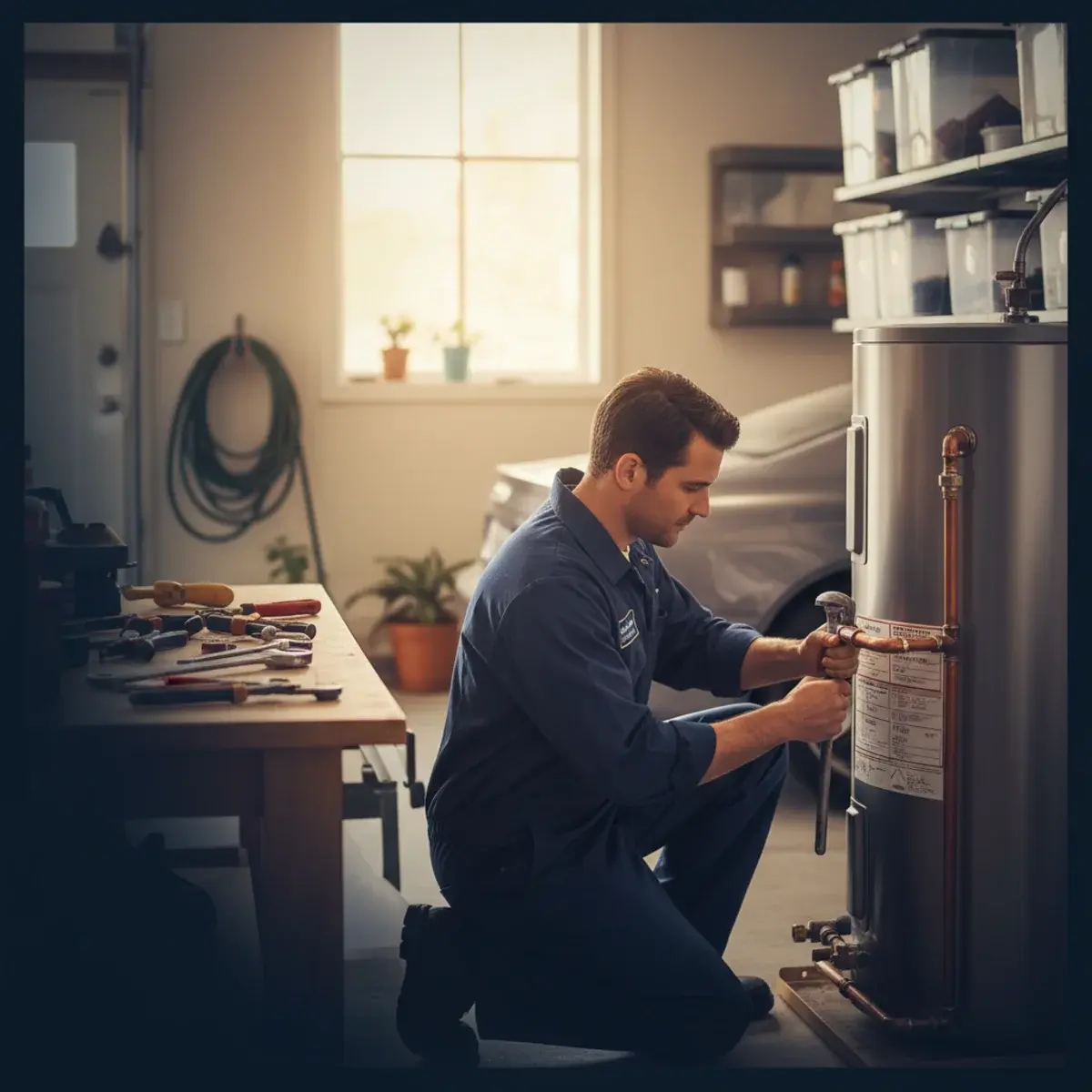 Licensed plumber installing a water heater in a Brentwood, CA home