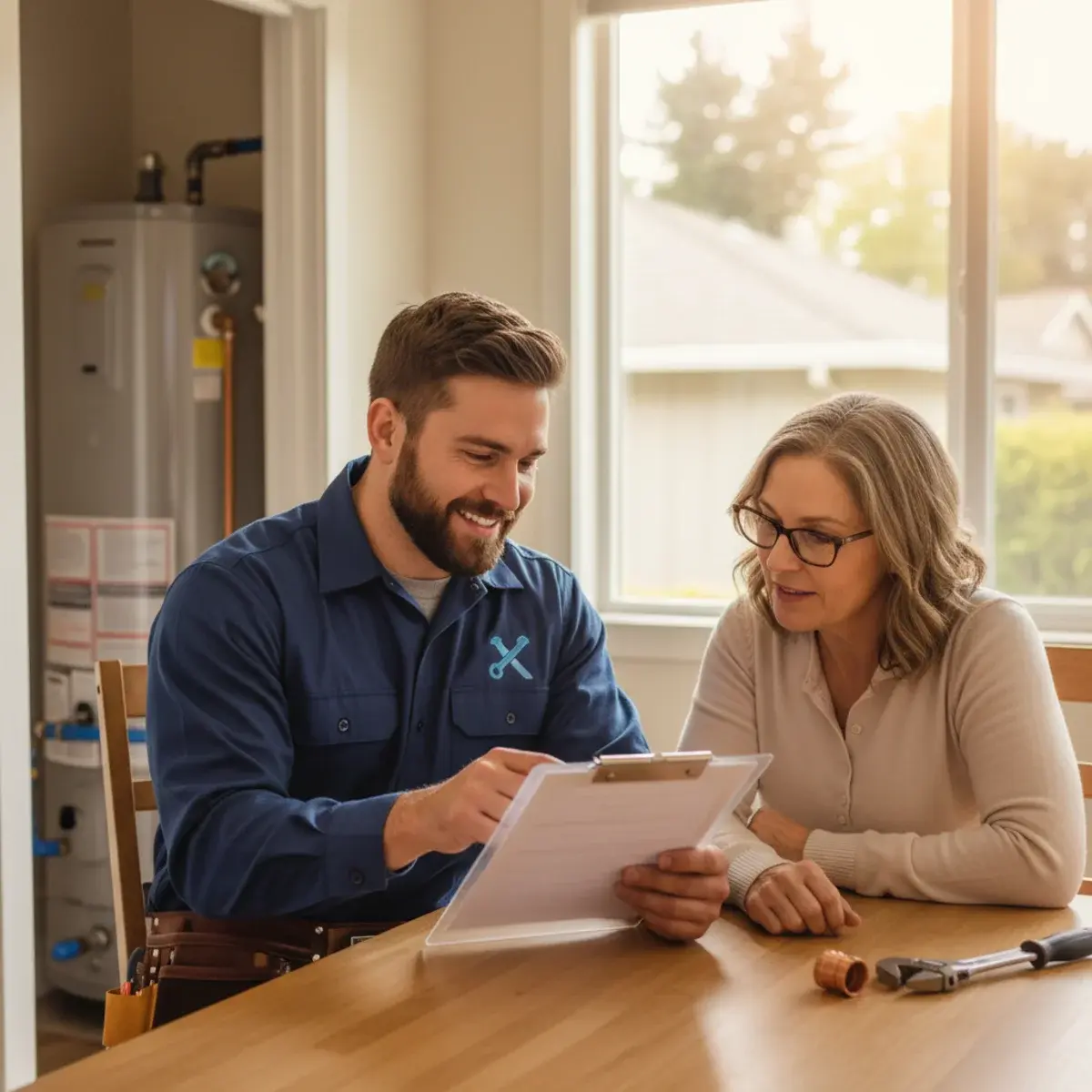 Plumber reviewing a transparent water heater installation quote with a Brentwood homeowner
