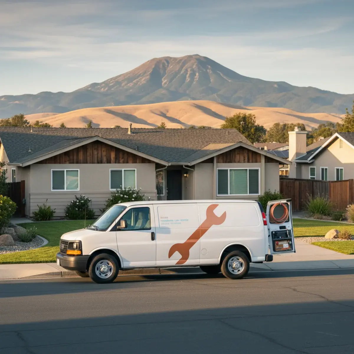 Water heater service van in a Brentwood, CA neighborhood with Mount Diablo in the distance