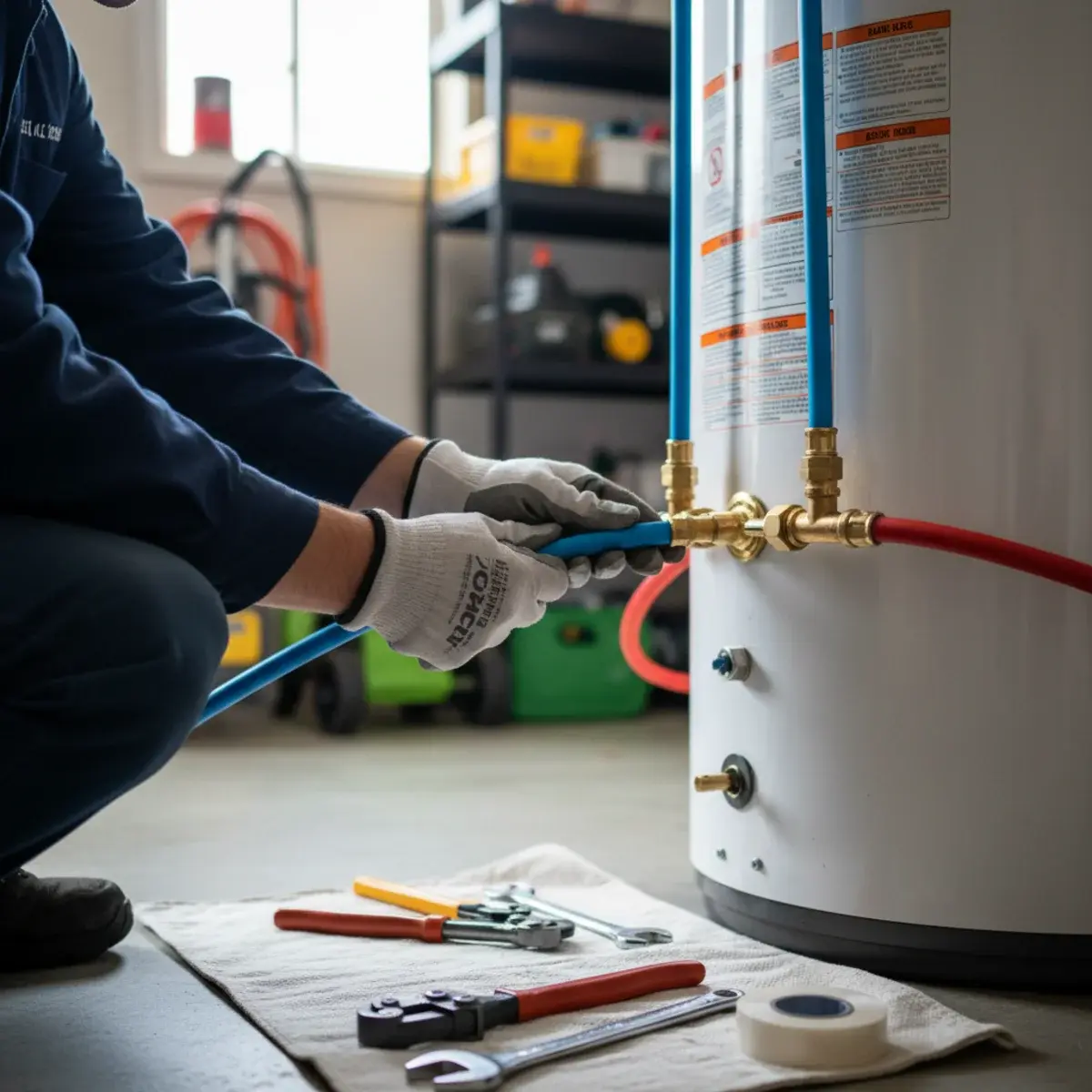 Step-by-step professional water heater installation in a Brentwood, CA garage