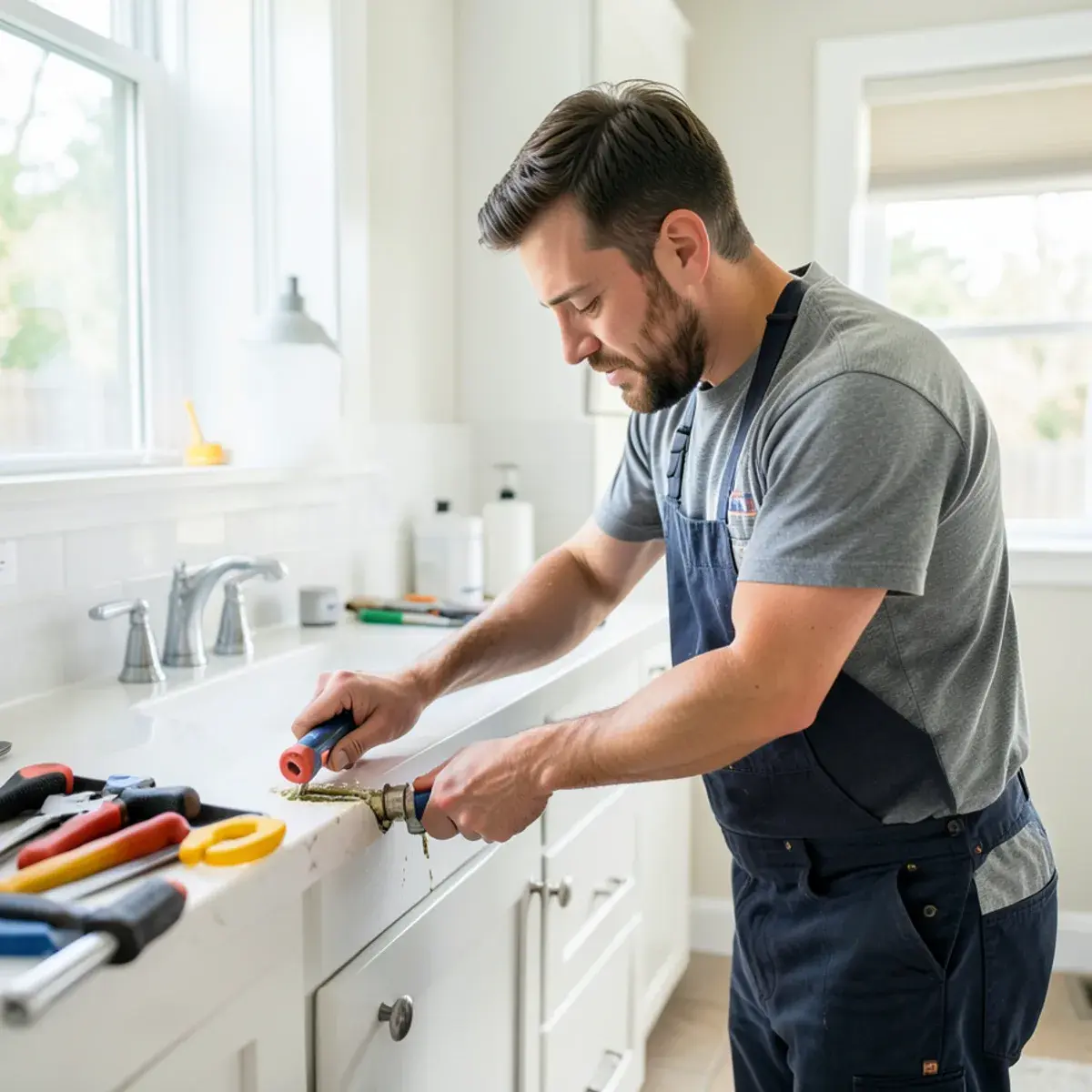 Plumber repairing a leaking shutoff valve under a bathroom vanity