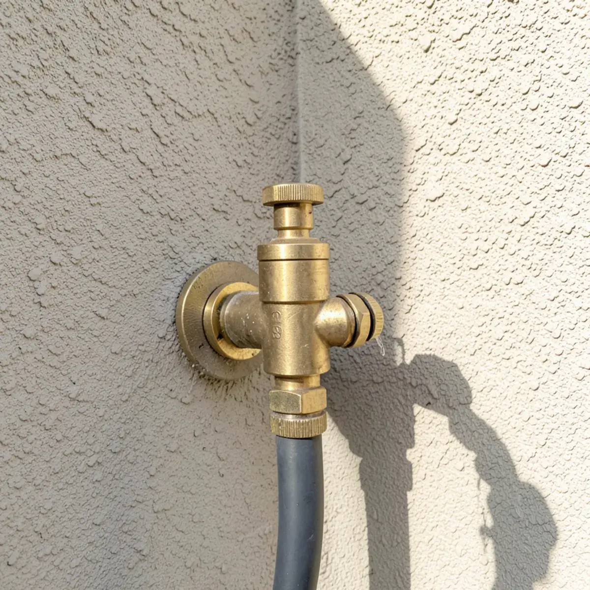 New outdoor hose bib on a stucco wall