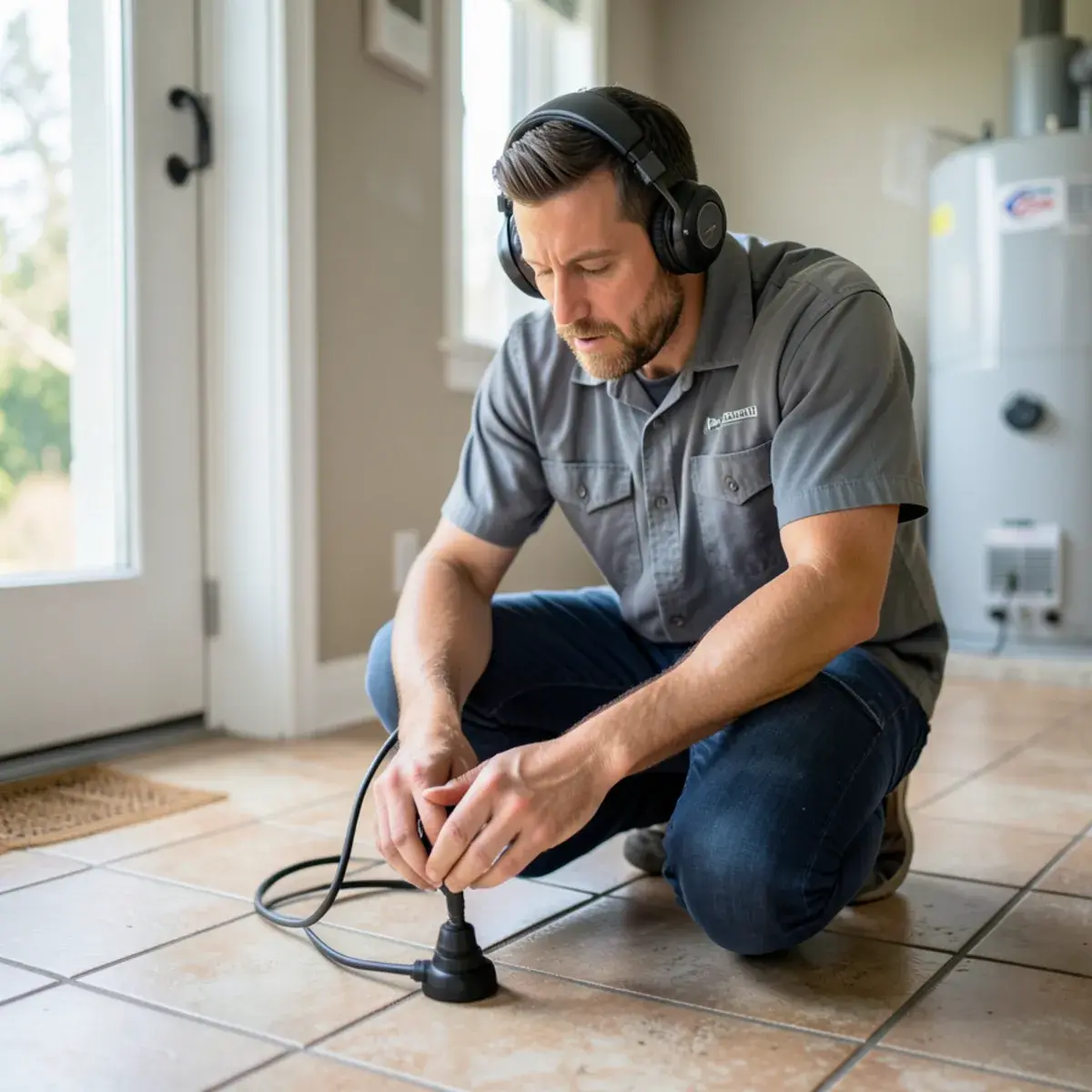 Technician using acoustic equipment to locate a hidden leak