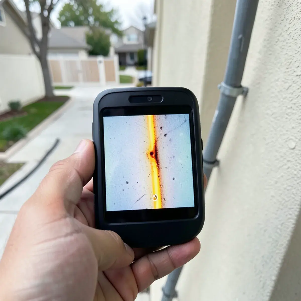 Thermal camera revealing a hidden hot-water leak