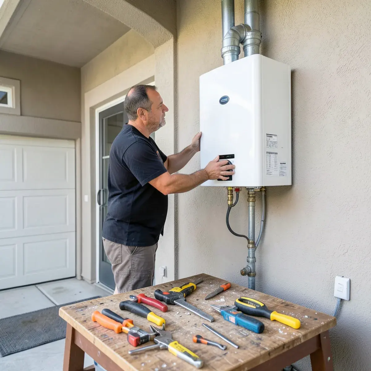 Plumber mounting a tankless water heater on a garage wall