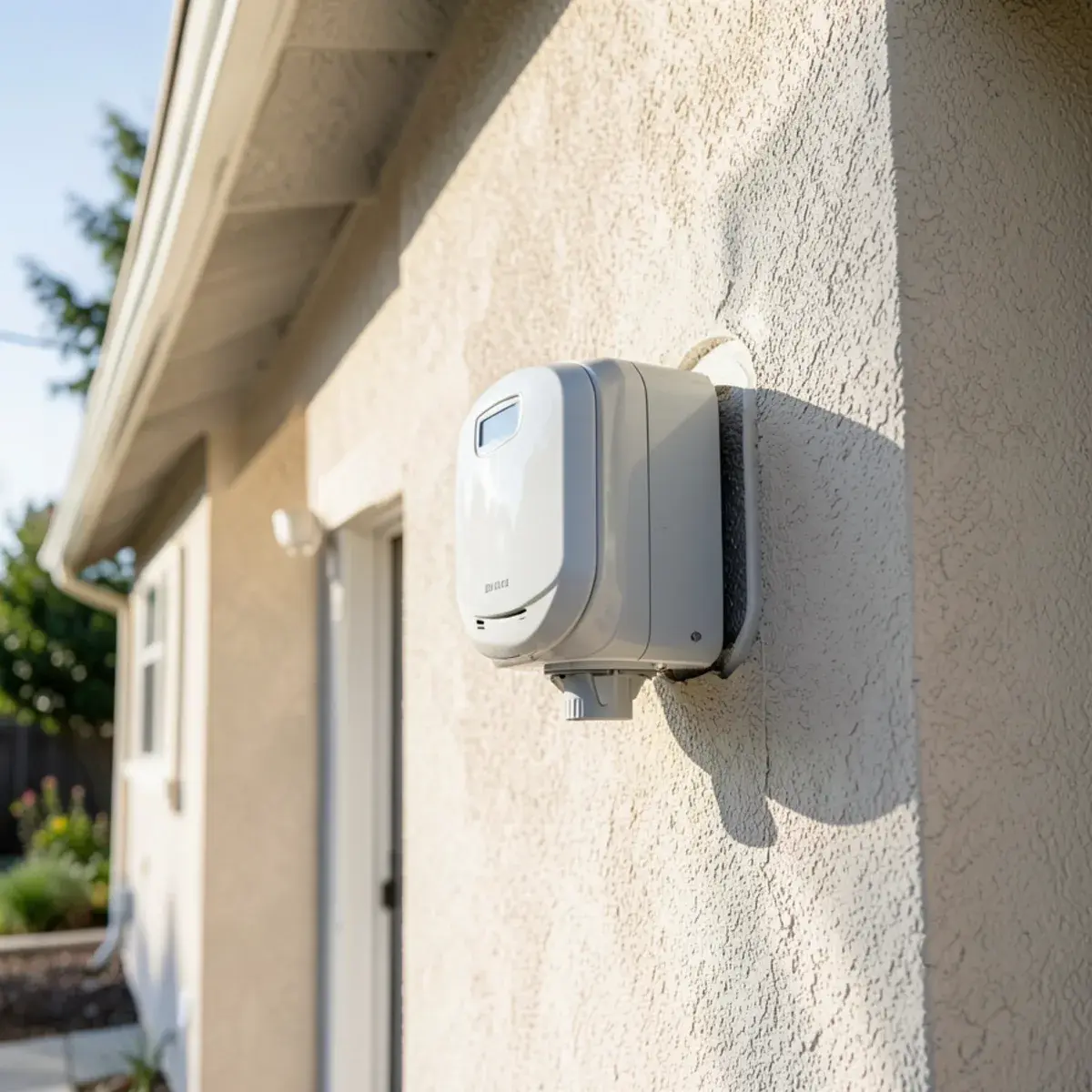 Tankless water heater vent termination on a stucco exterior wall