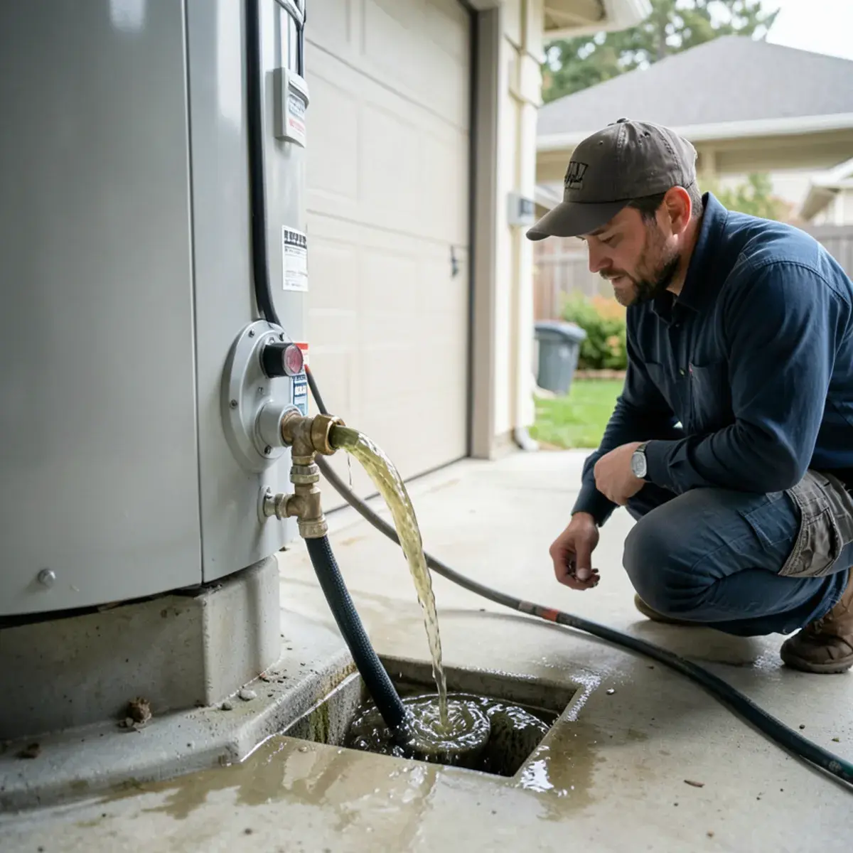 Draining sediment from a tank water heater through a hose