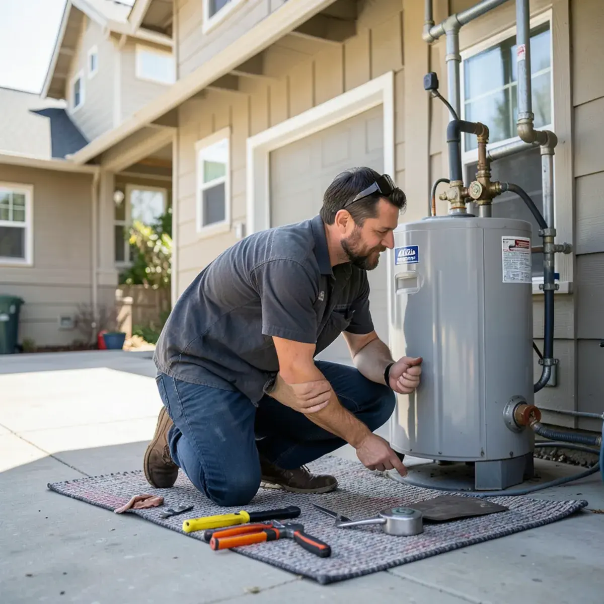 Technician repairing a gas water heater in a 1980s home's garage