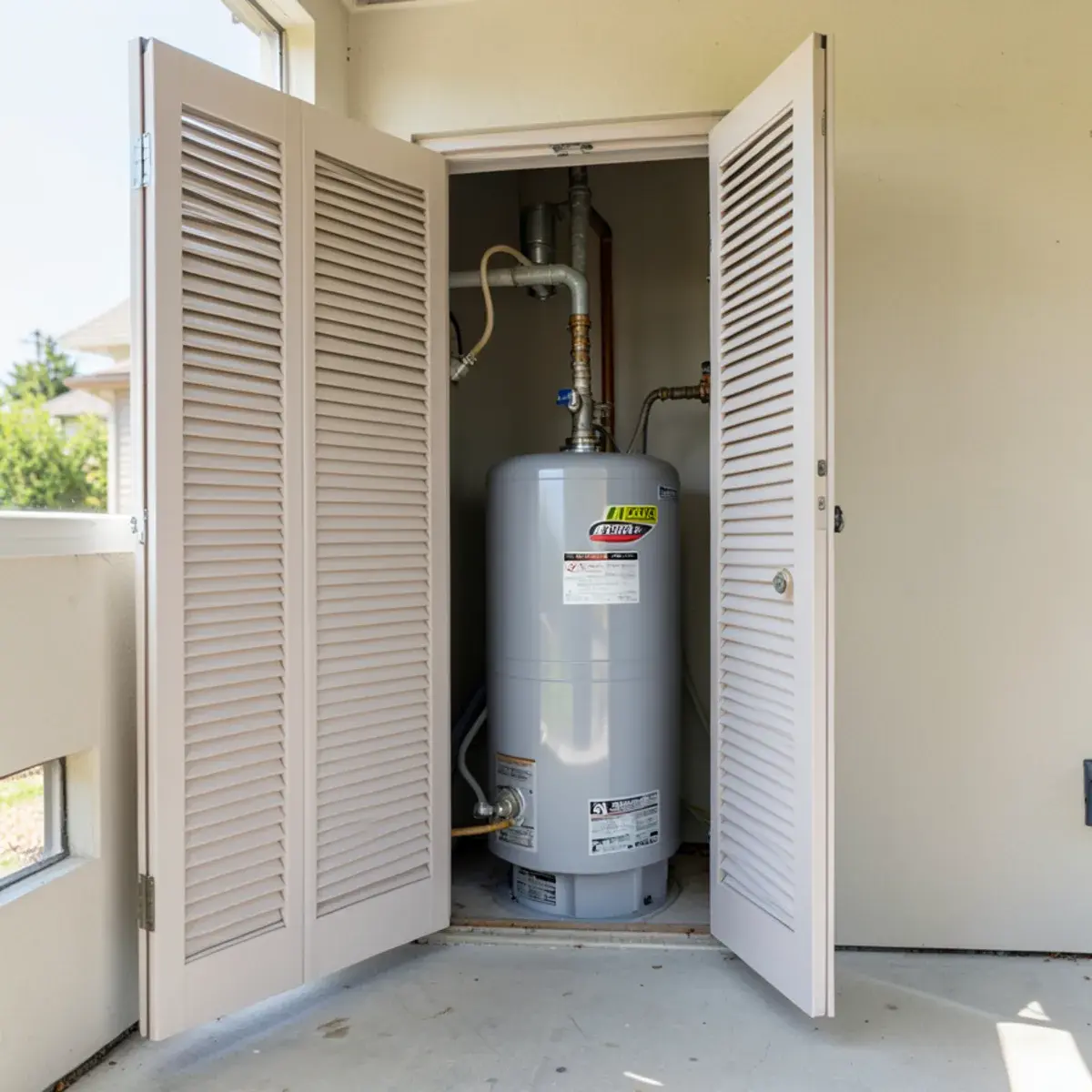 Louvered closet door providing combustion air to a water heater