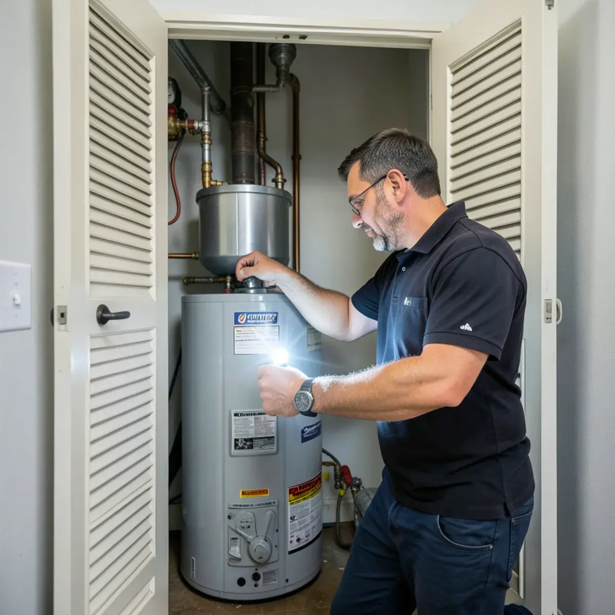 Technician inspecting a water heater in an interior closet