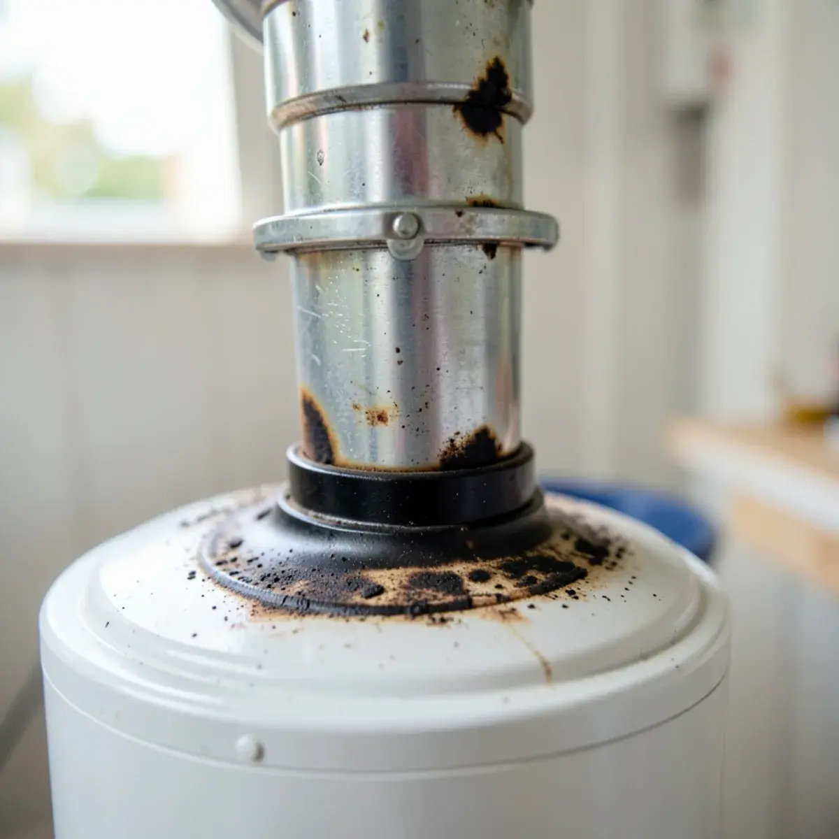 Scorch marks on a water heater draft hood from back-drafting