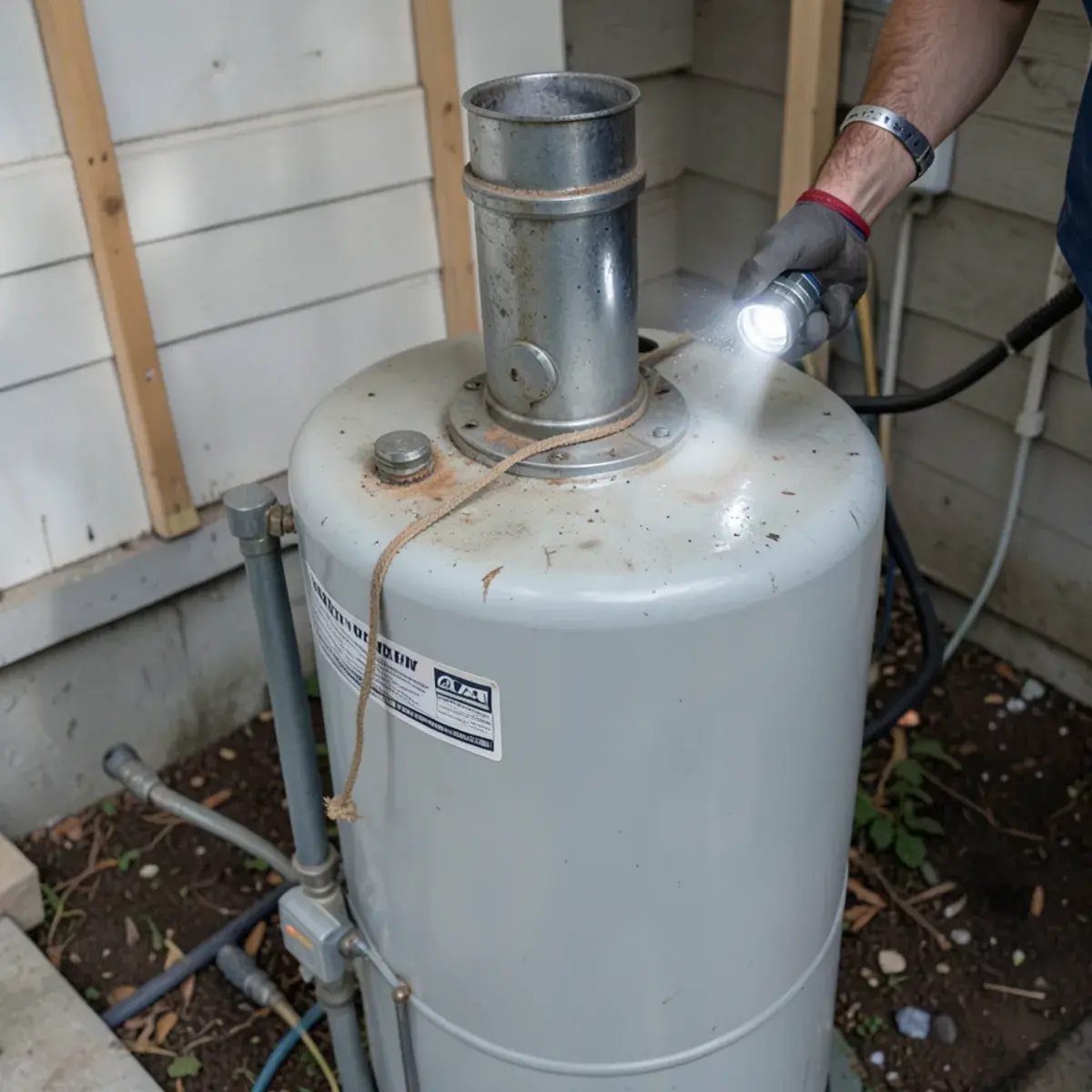 Older gas water heater with a single loose strap in a 1980s garage