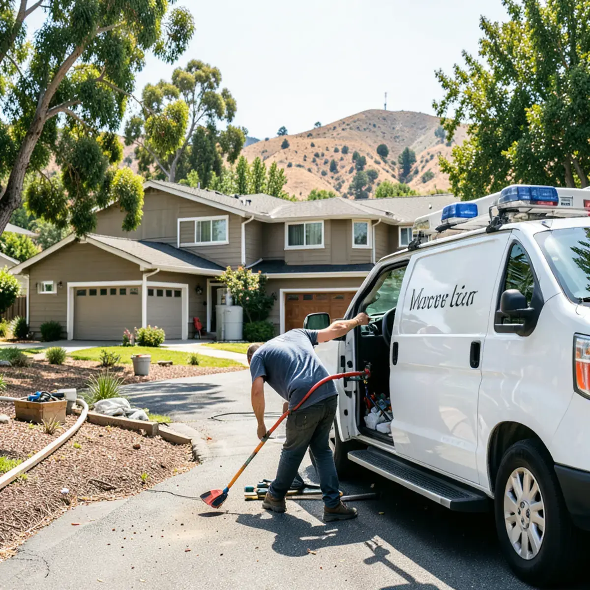 Plumber unloading tools in front of a 1980s two-story home