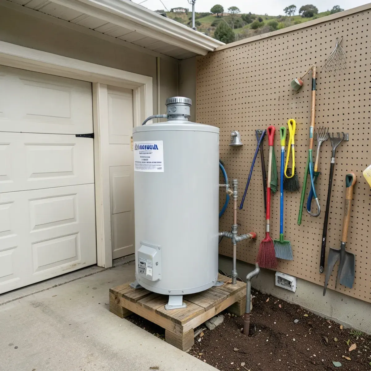 Tank water heater in a tidy hillside-home garage