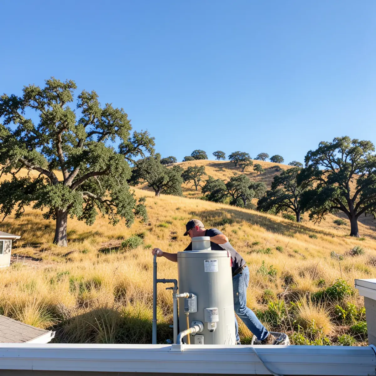 Grassy foothills with oak trees above a neighborhood