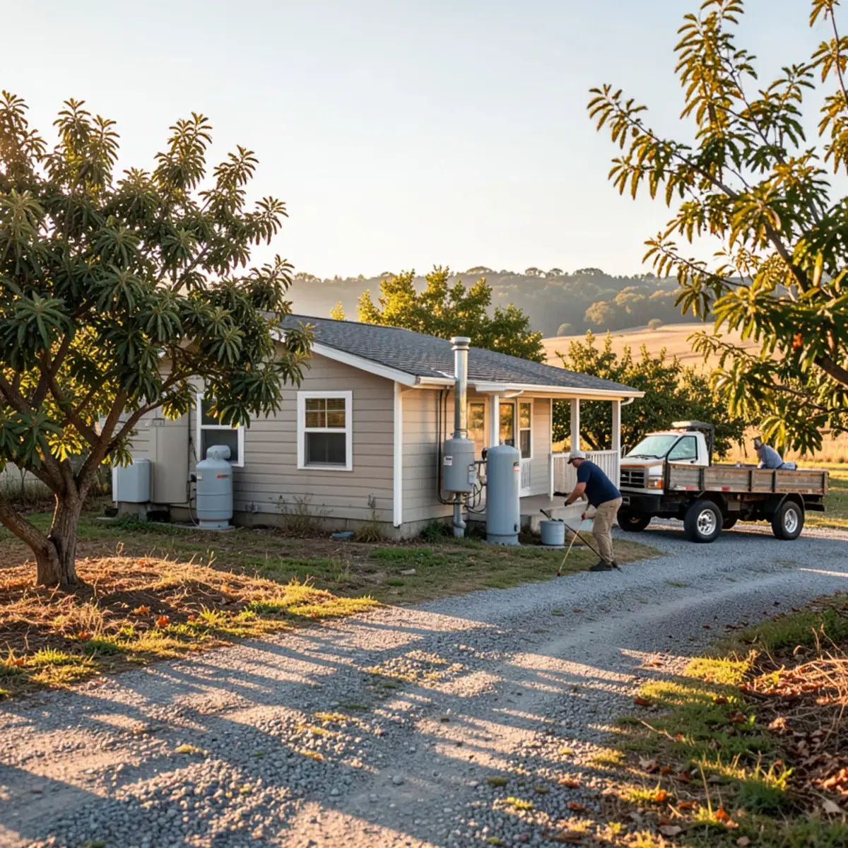 Rural farmhouse with a propane tank and a service truck