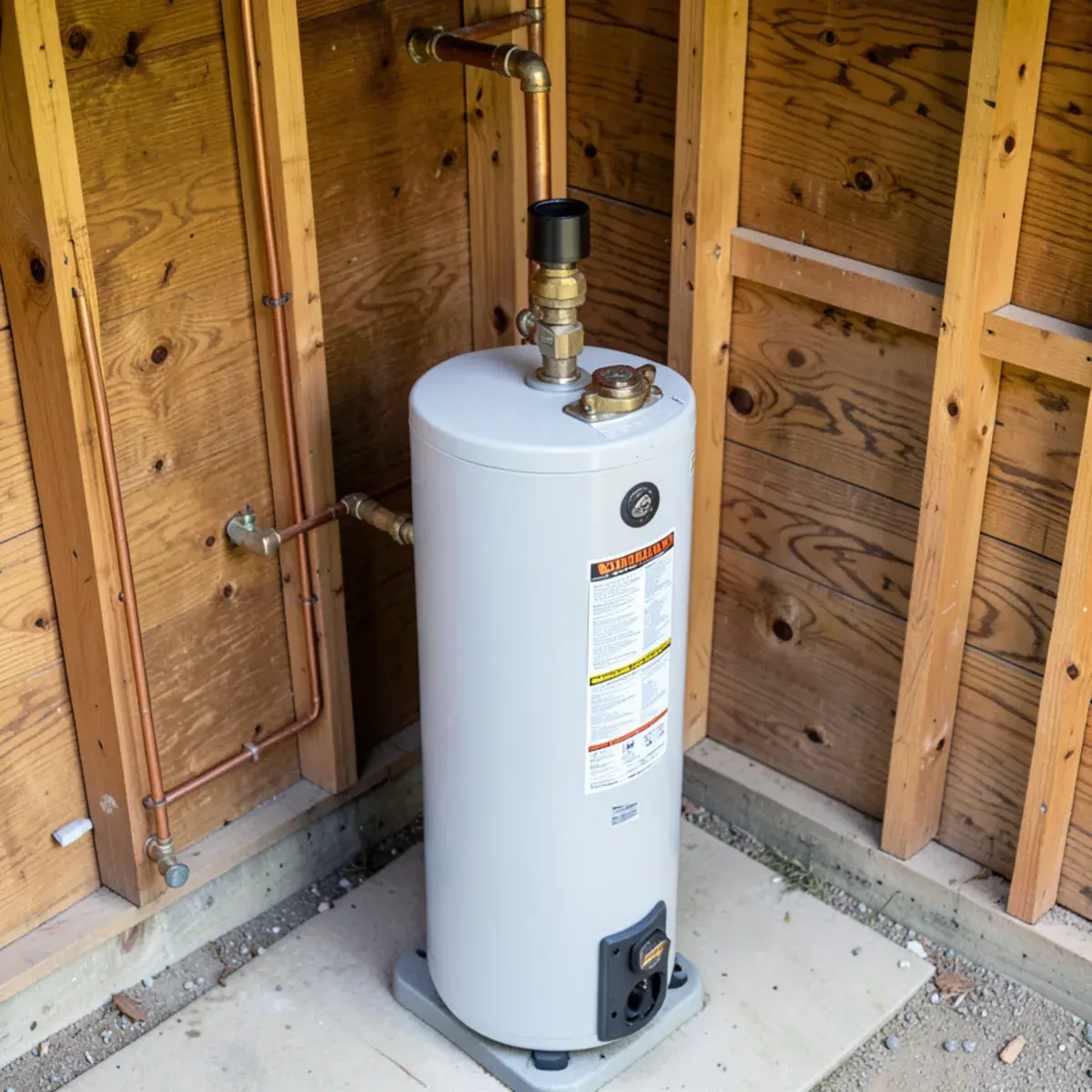 Propane water heater in a rural garage