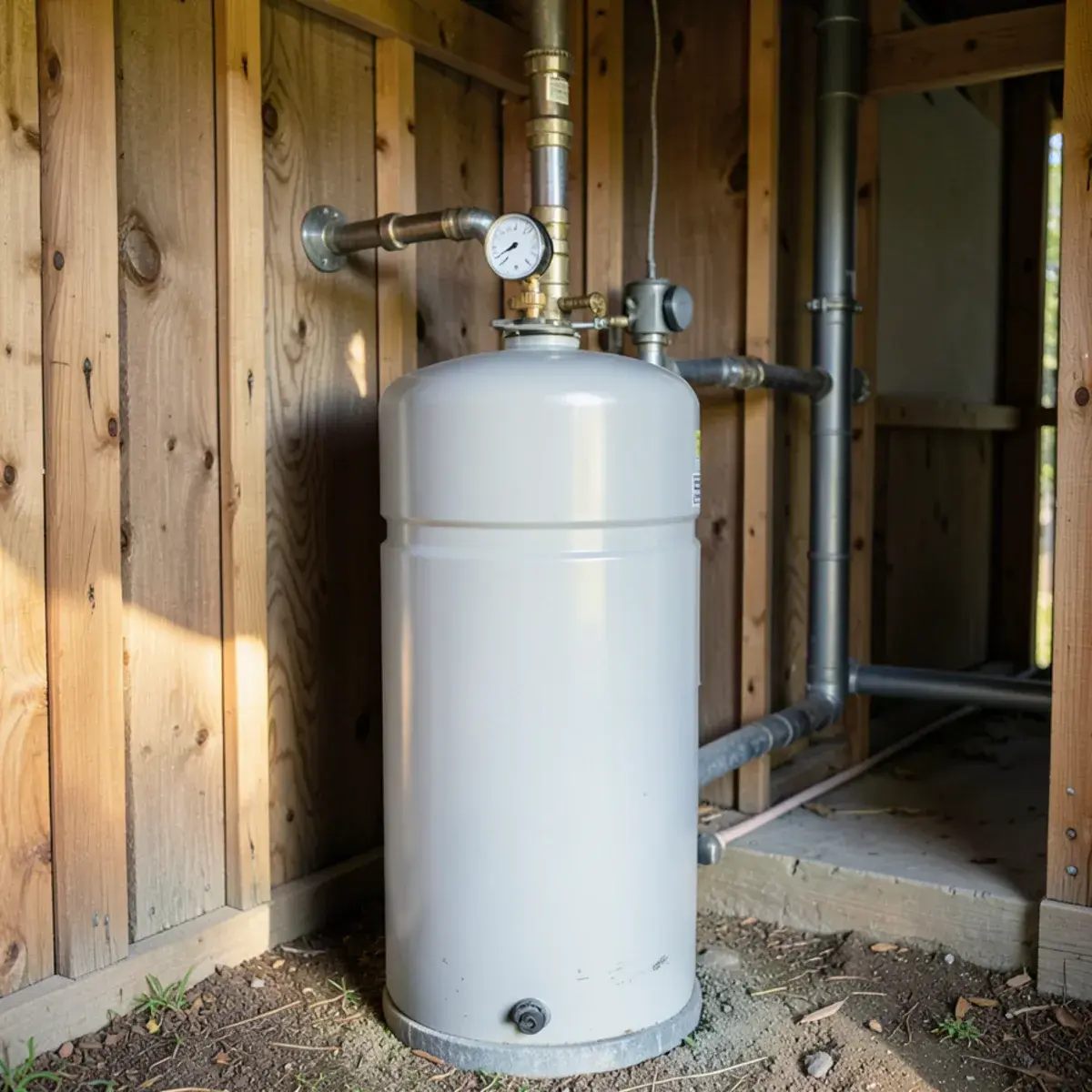 Well pressure tank and sediment filter in a utility shed