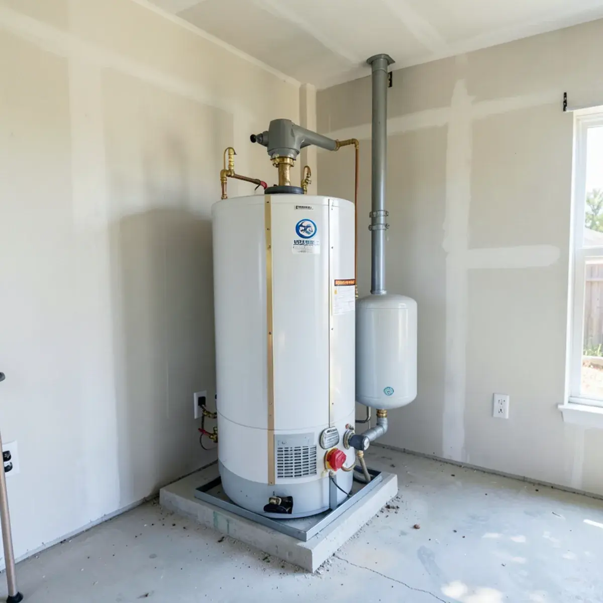 Gas water heater in the garage of a recently built home