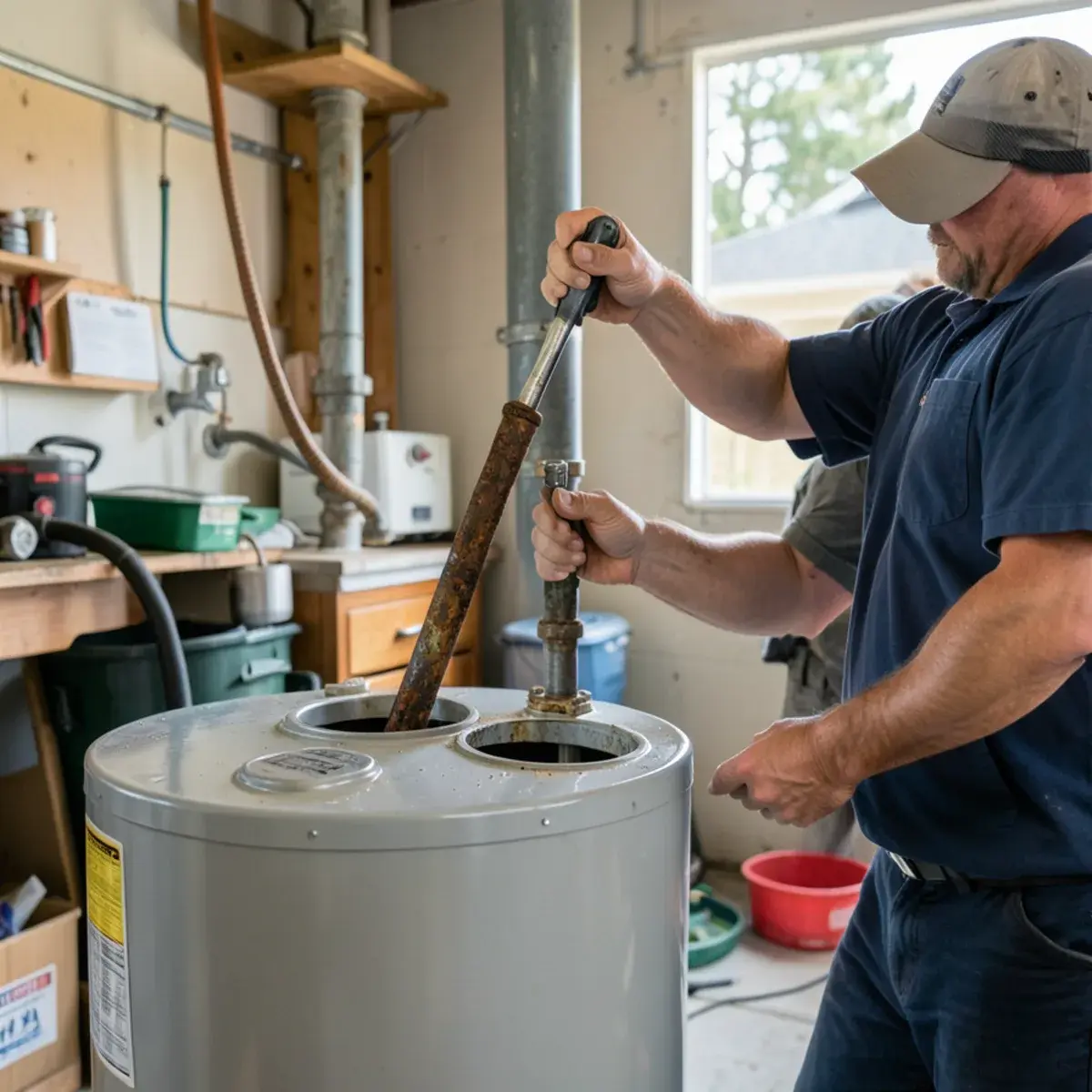 Technician removing a corroded anode rod from a water heater