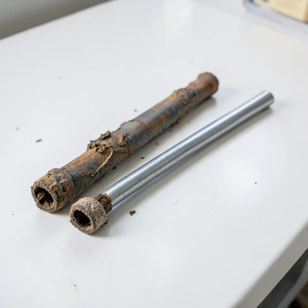Corroded old anode rod next to a new replacement