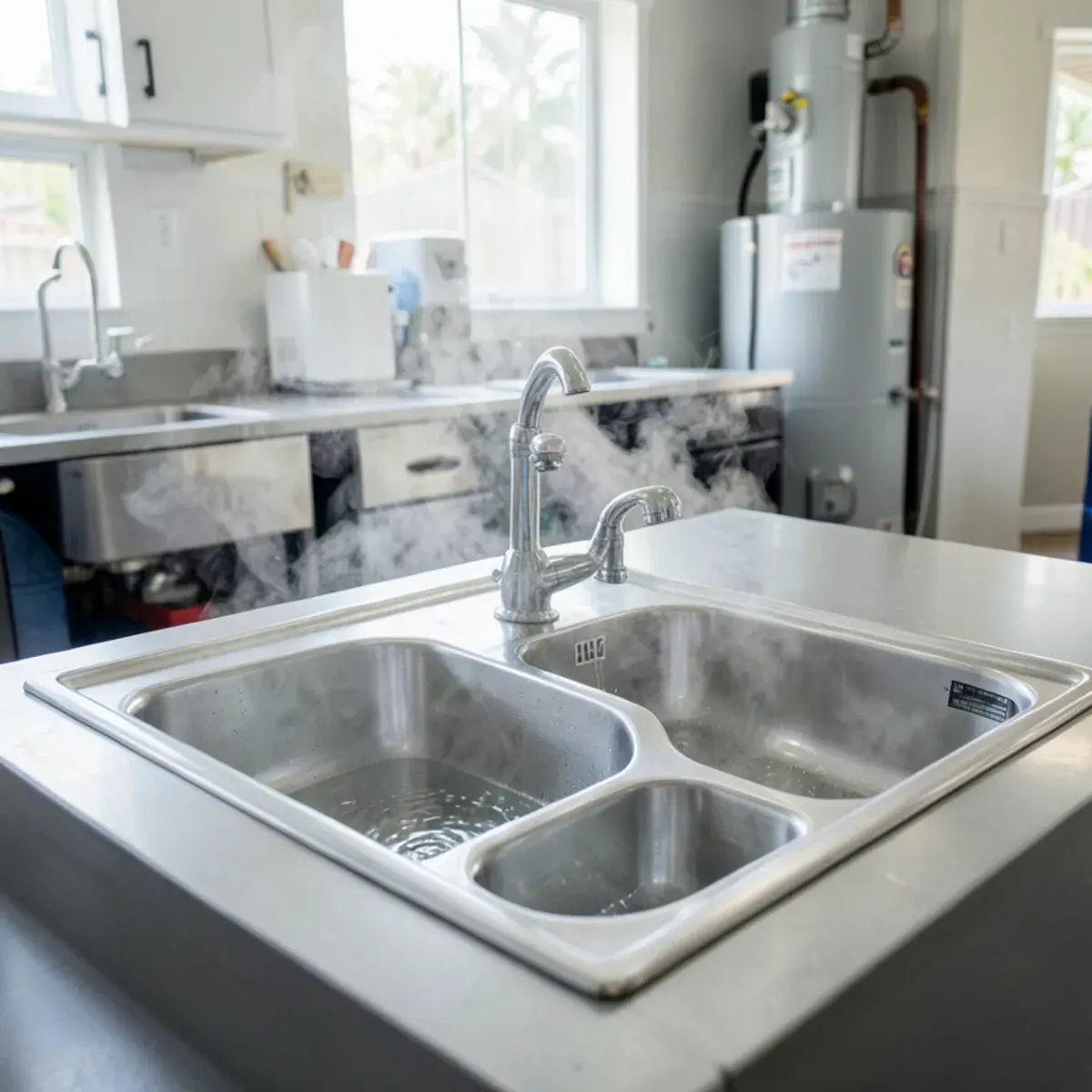 Commercial kitchen sink with hot water