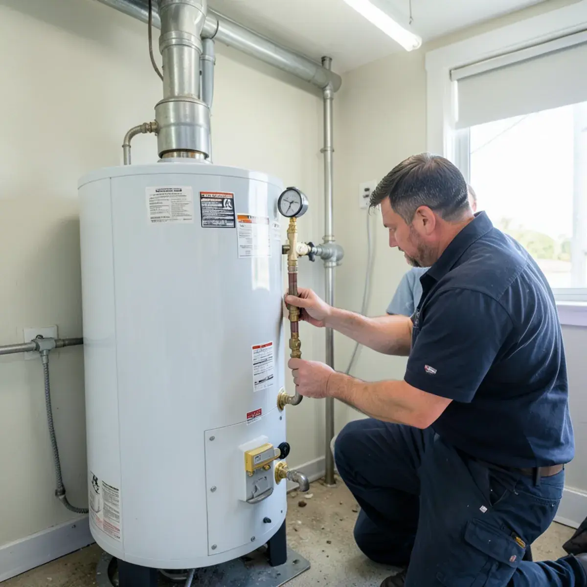 Technician checking a commercial water heater in a mechanical room