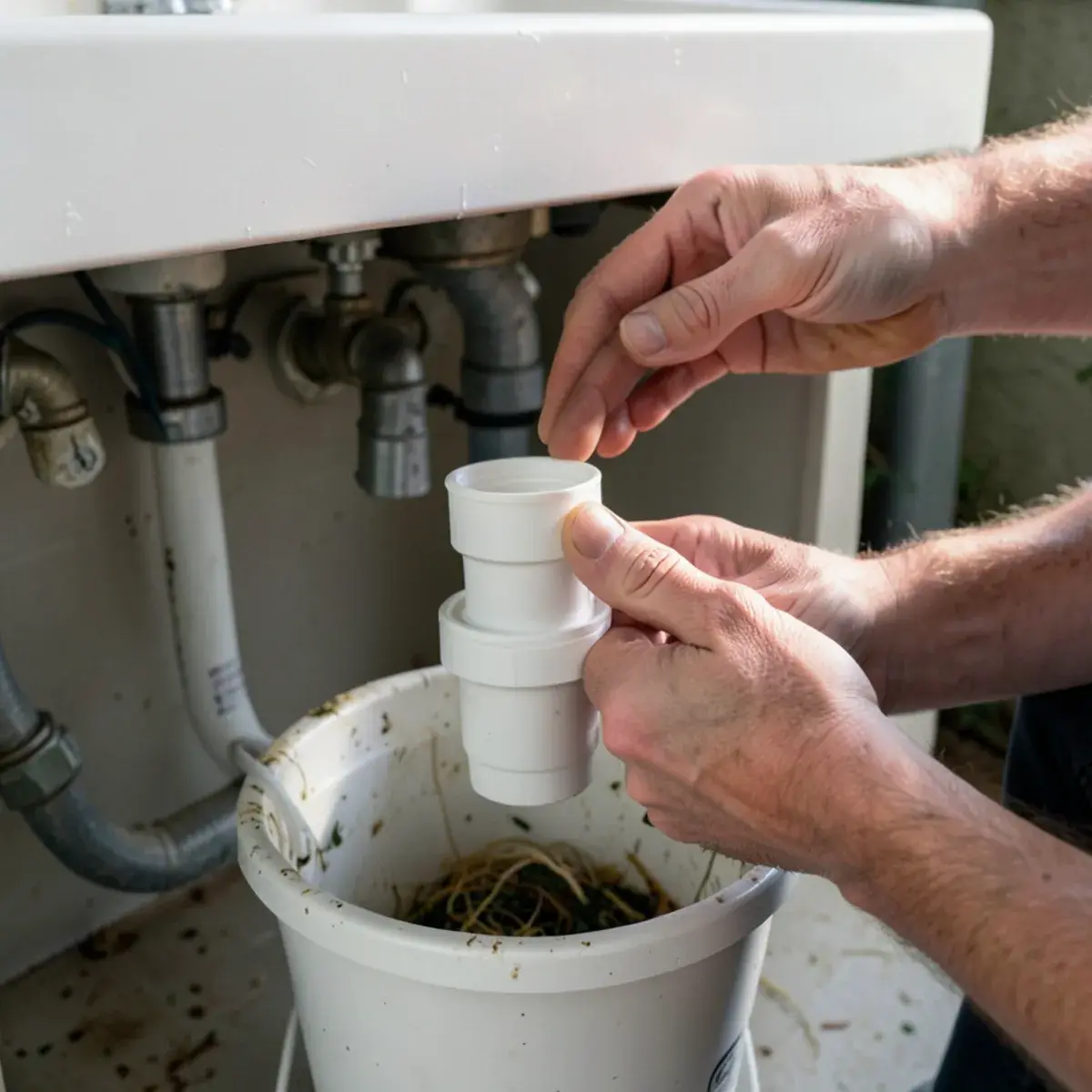 Removing a clogged P-trap under a bathroom sink