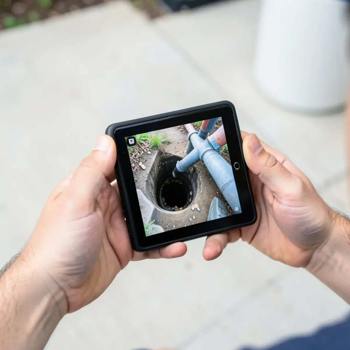 Drain camera inspection monitor showing inside a pipe