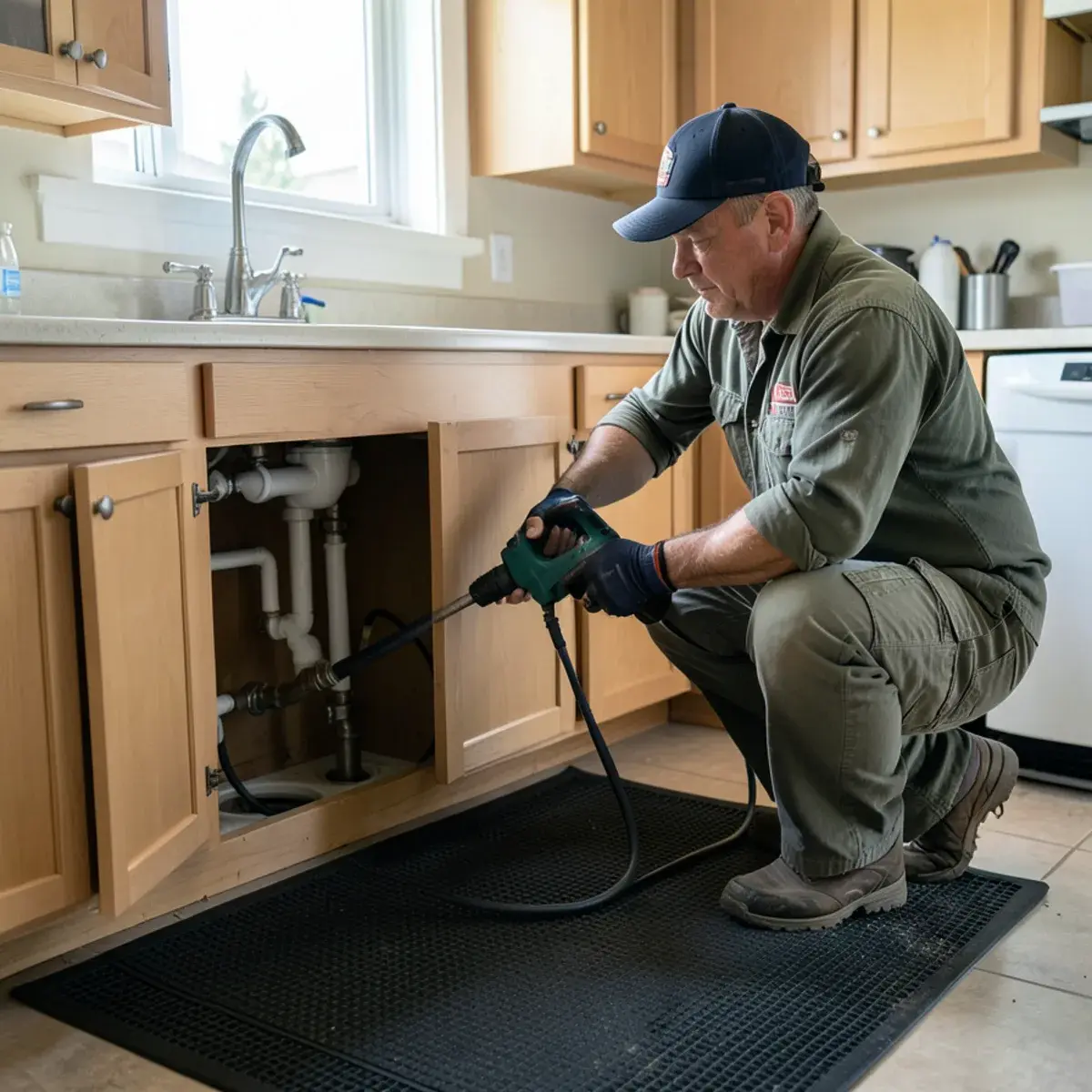 Plumber running a drain cable machine through a kitchen drain