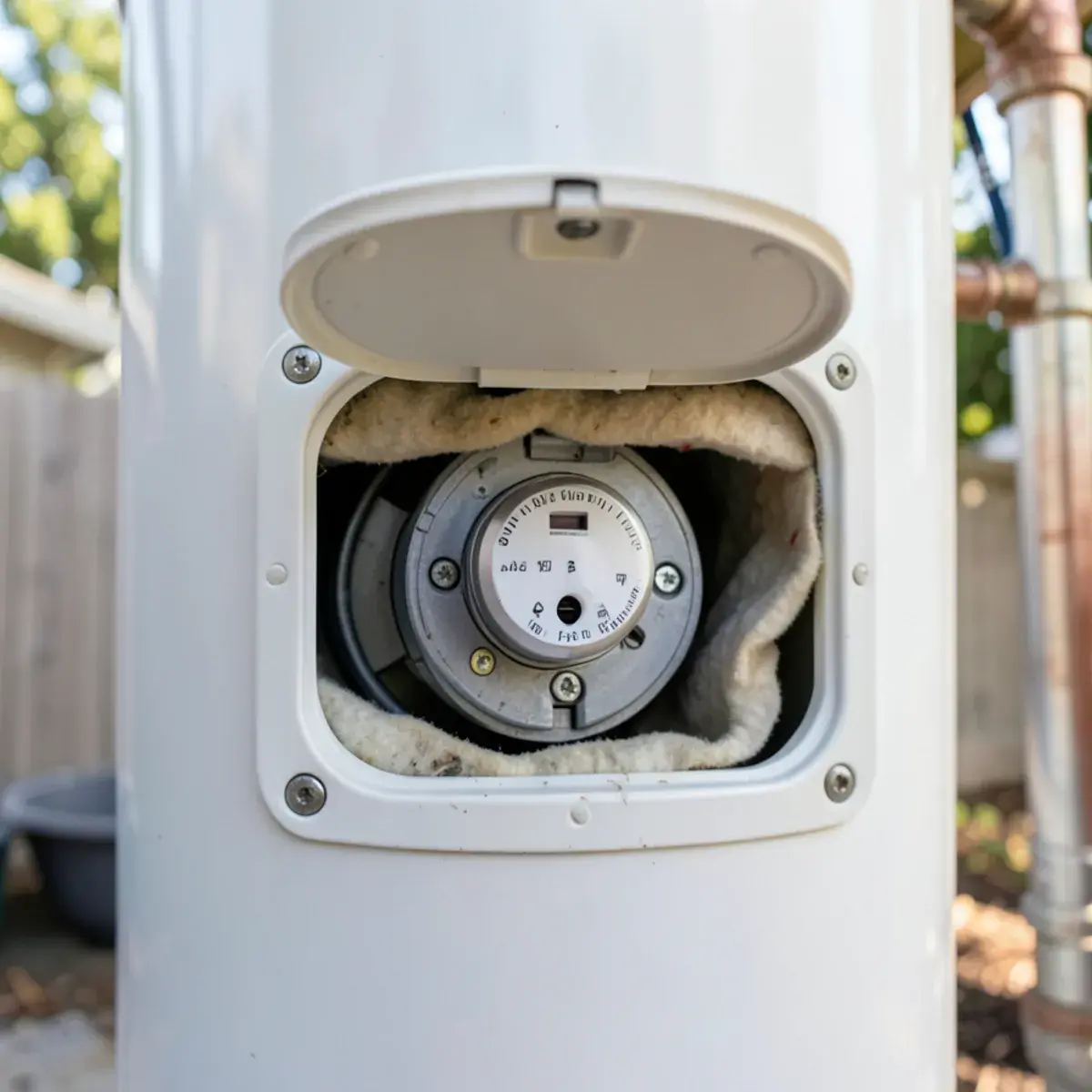 Thermostat and element behind an electric water heater panel