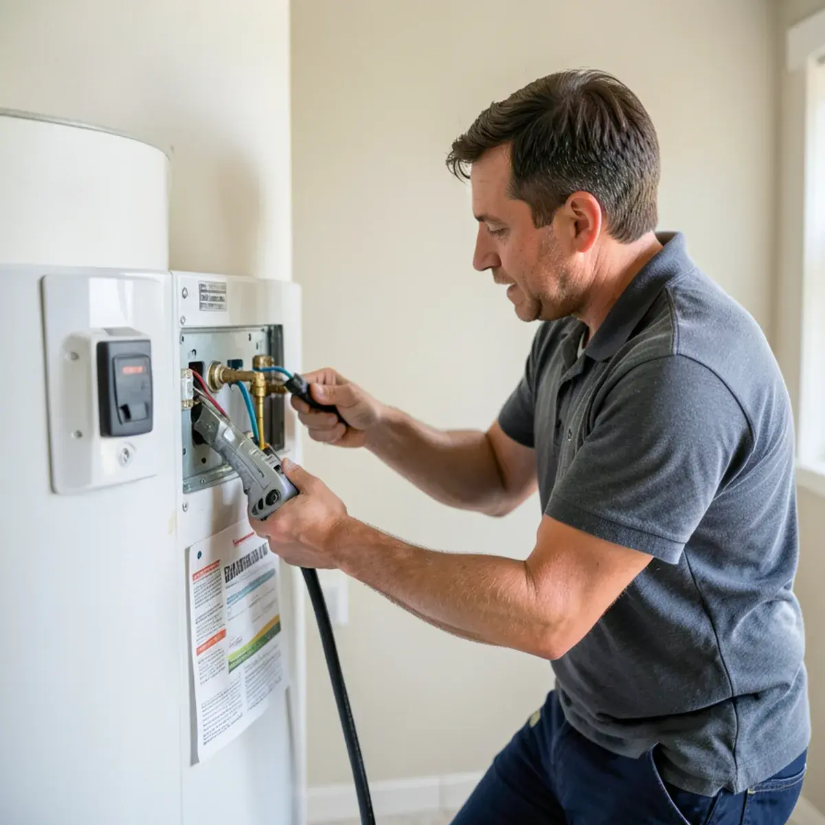 Technician wiring a new electric water heater
