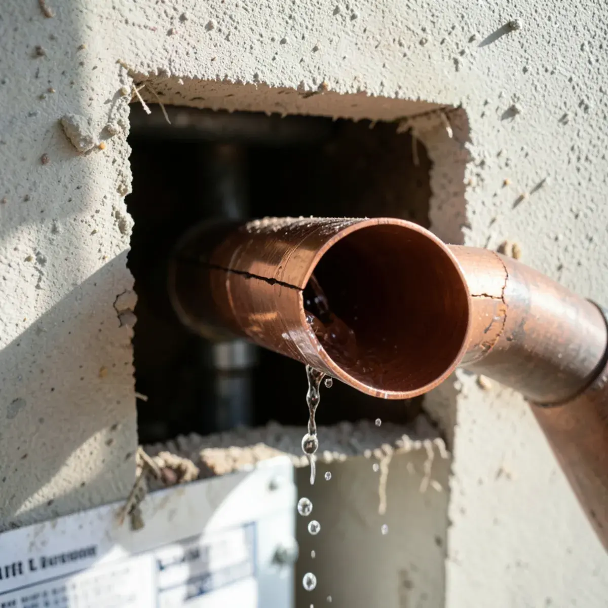 Burst copper pipe spraying water inside a wall
