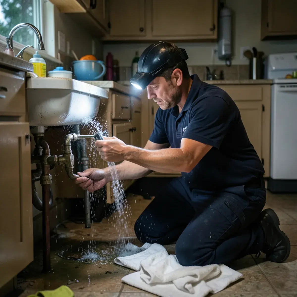 Plumber stopping a burst supply line under a kitchen sink at night