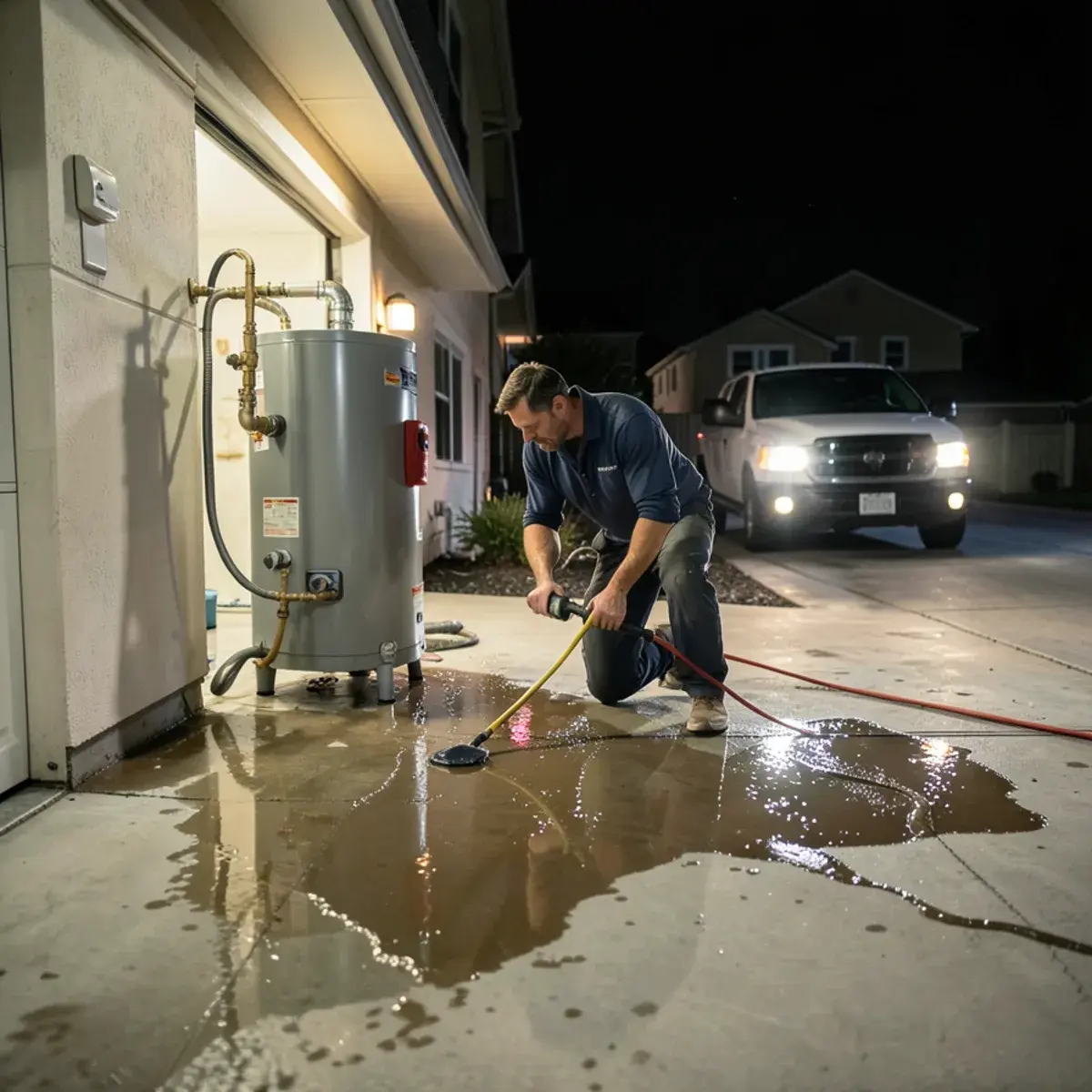 Plumber arriving at night to a leaking water heater in a garage