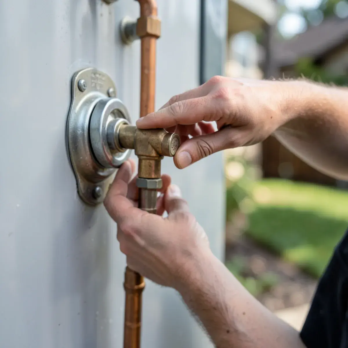 Hand turning off the cold-water supply valve above a water heater