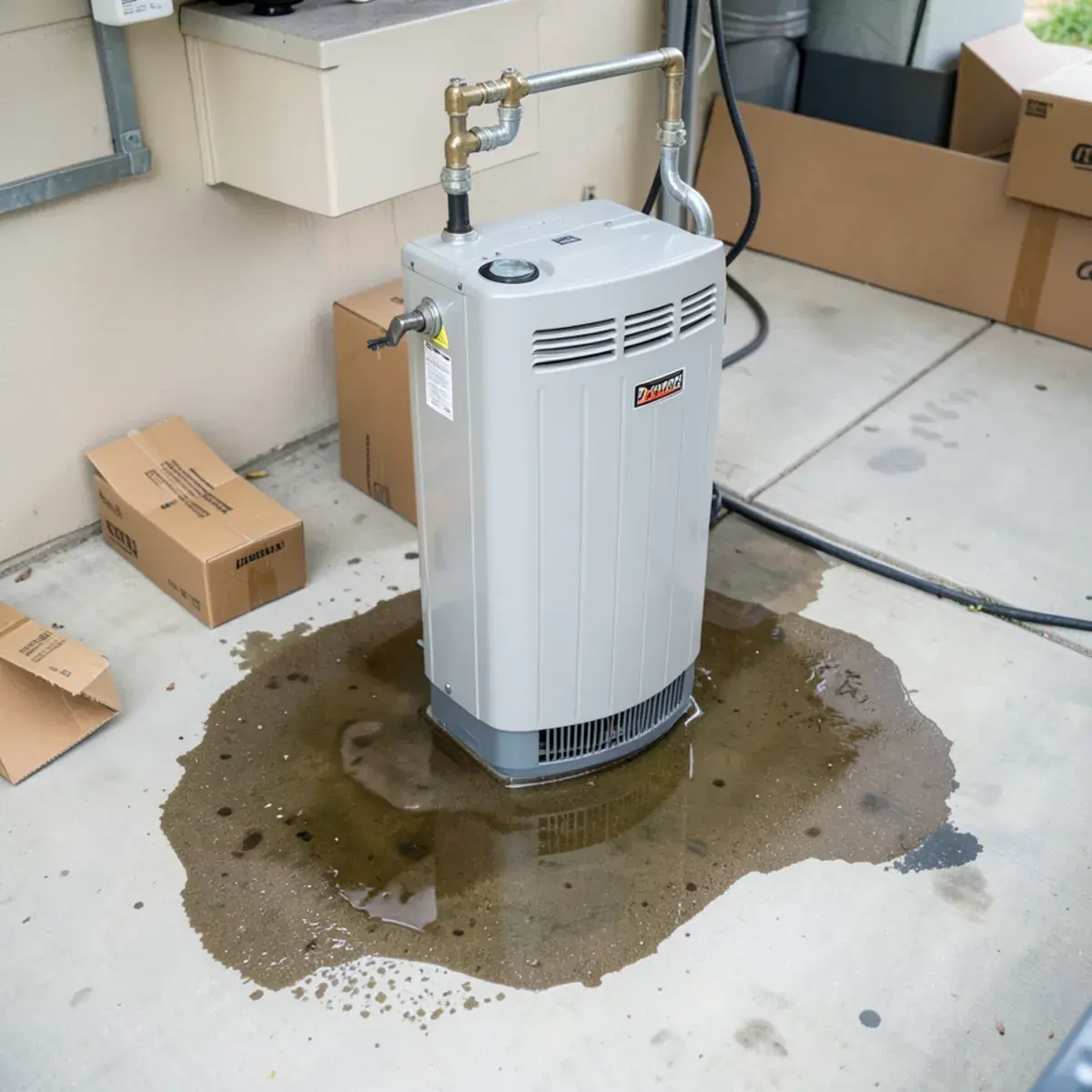 Water spreading from a leaking tank water heater across a garage floor