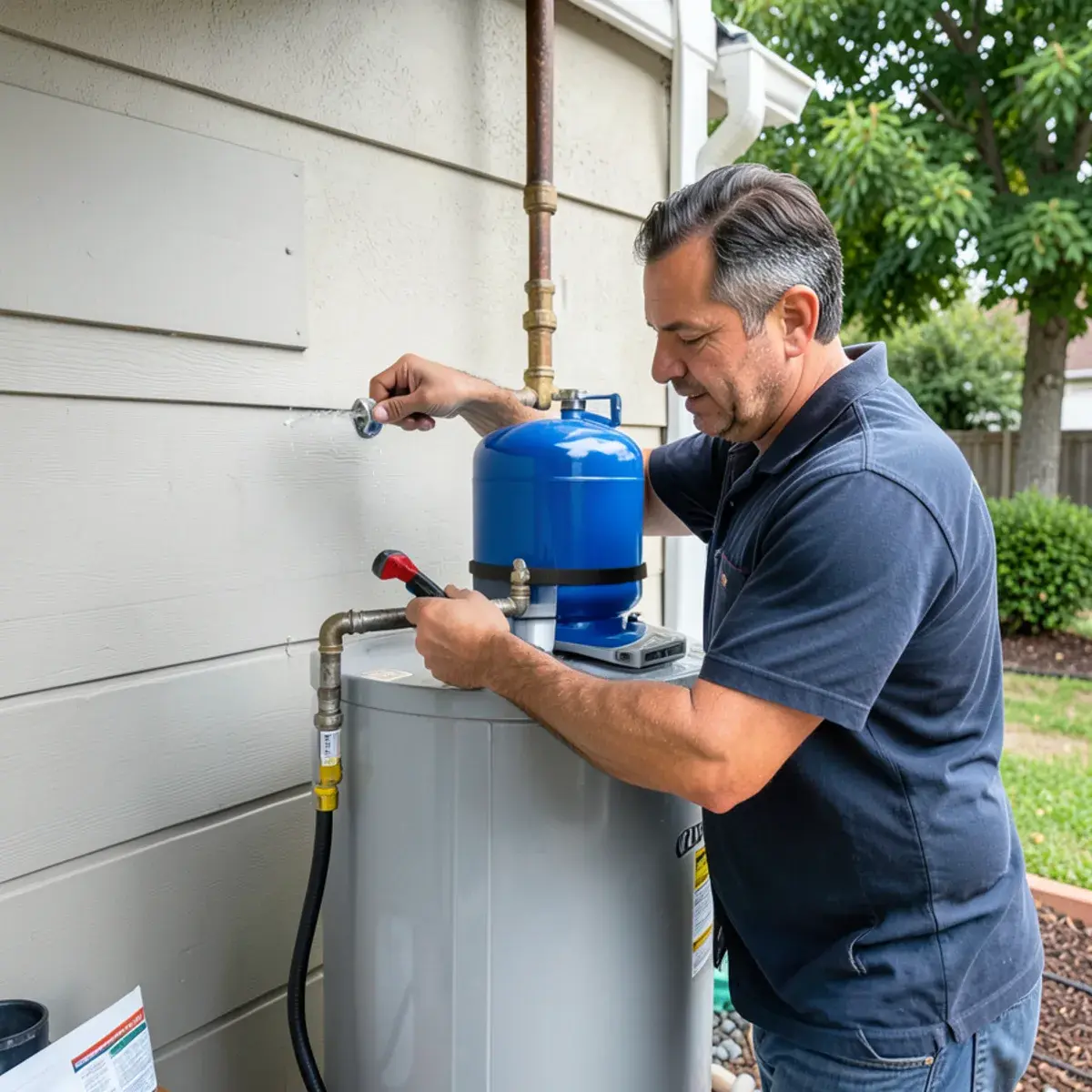 Plumber installing a thermal expansion tank above a water heater