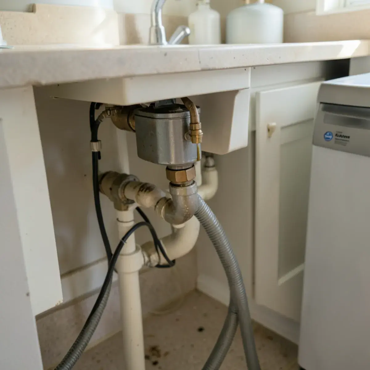 Garbage disposal plumbing connections under a sink