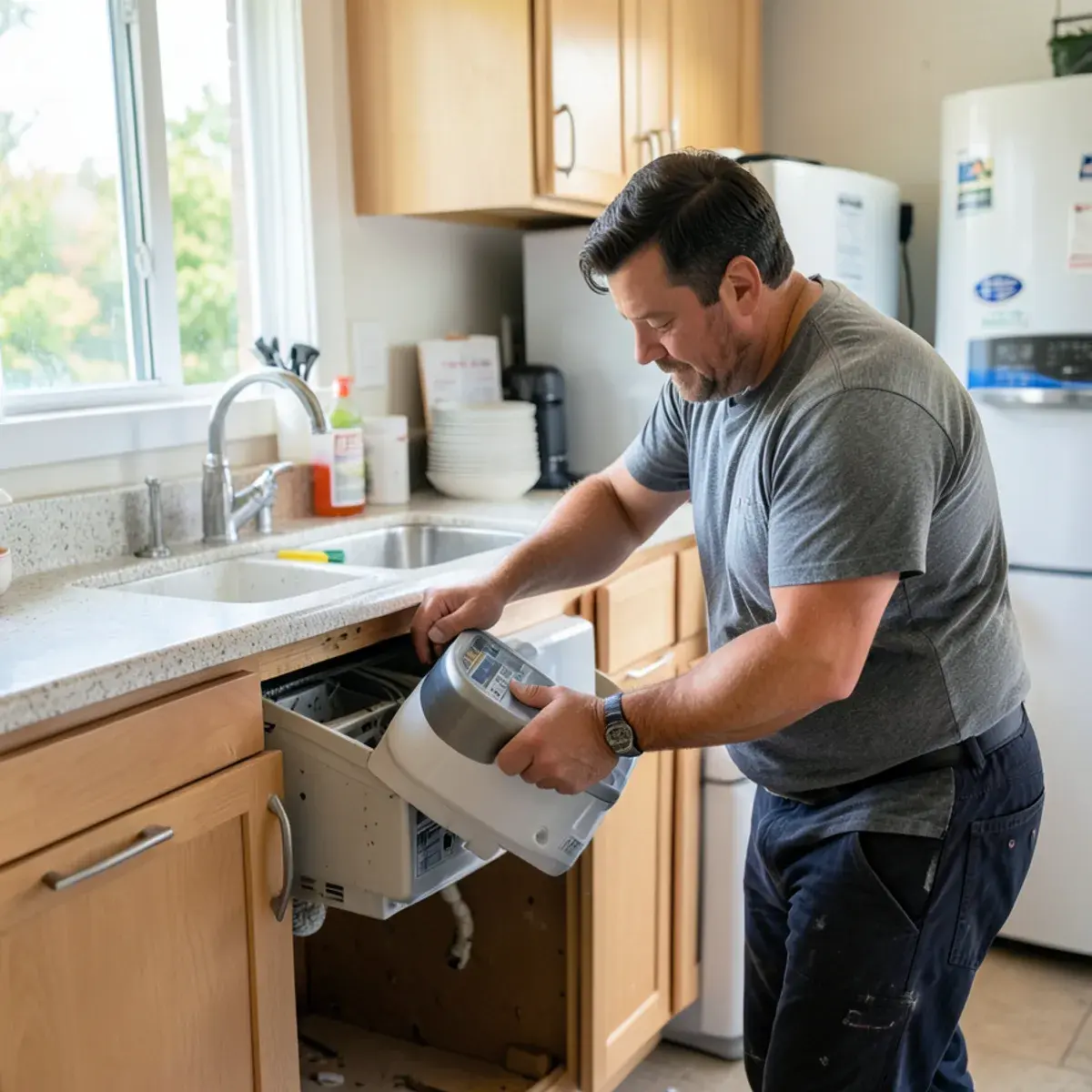 Plumber installing a garbage disposal under a kitchen sink
