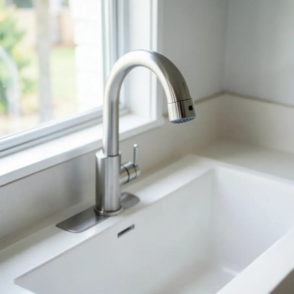 New kitchen faucet installed over a sink