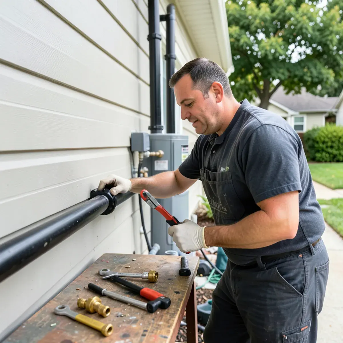 Plumber running new gas pipe along a garage wall
