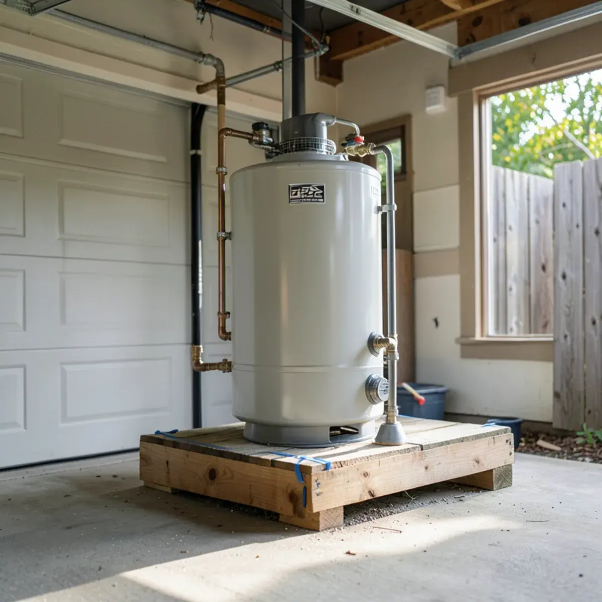 Gas water heater raised 18 inches on a garage platform