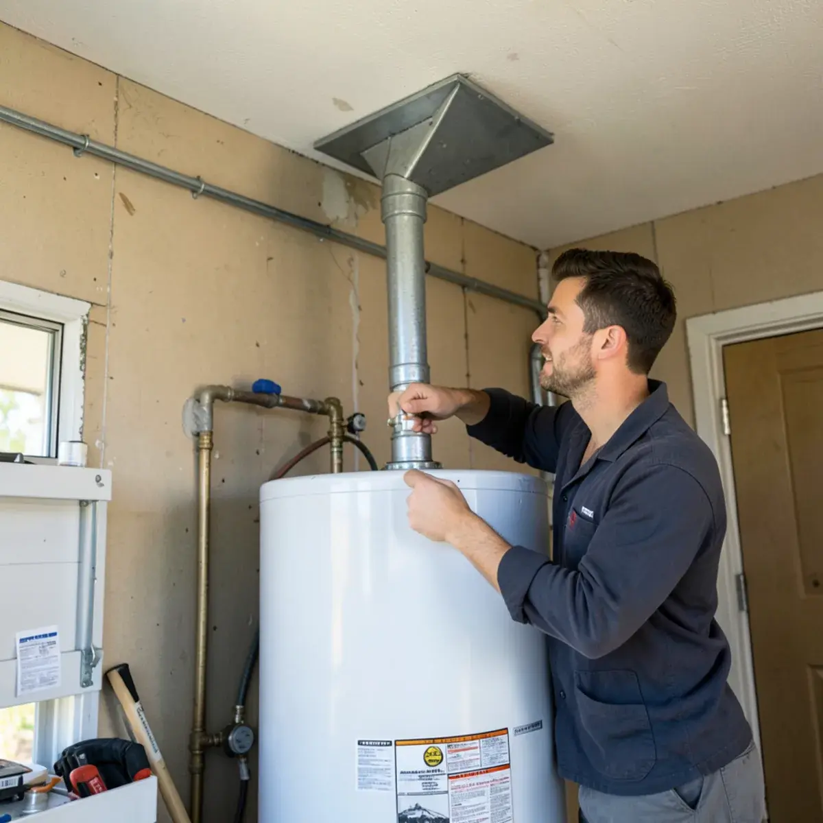 Plumber connecting the vent on a new gas water heater
