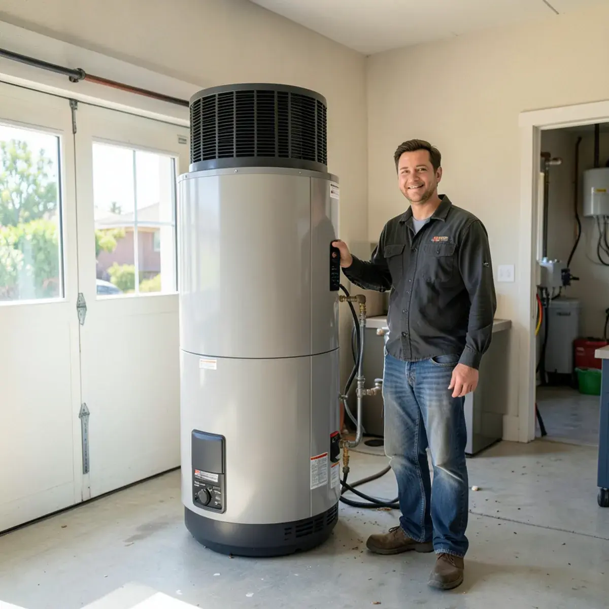 Technician beside a new hybrid heat-pump water heater in a garage
