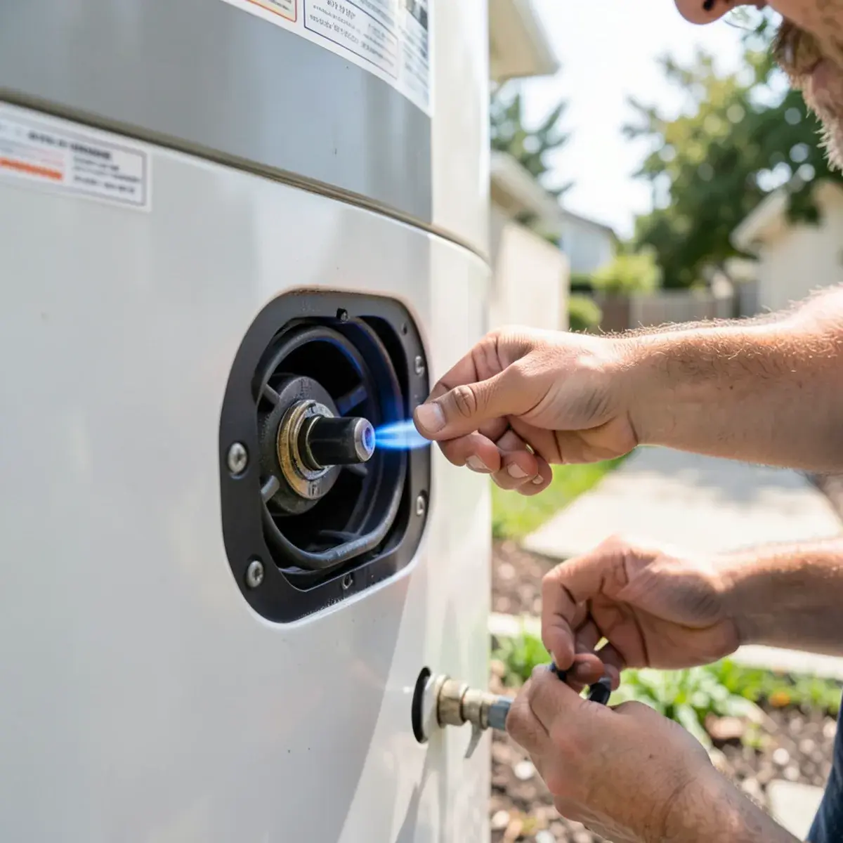 Technician relighting the pilot on a gas water heater