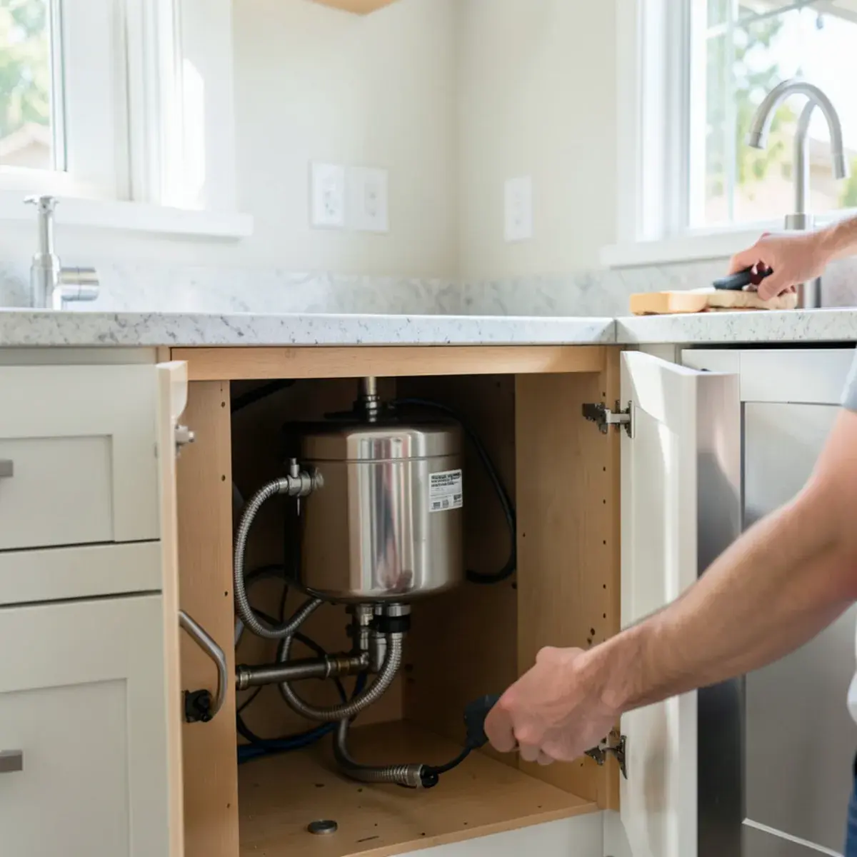 Compact point-of-use water heater under a kitchen sink