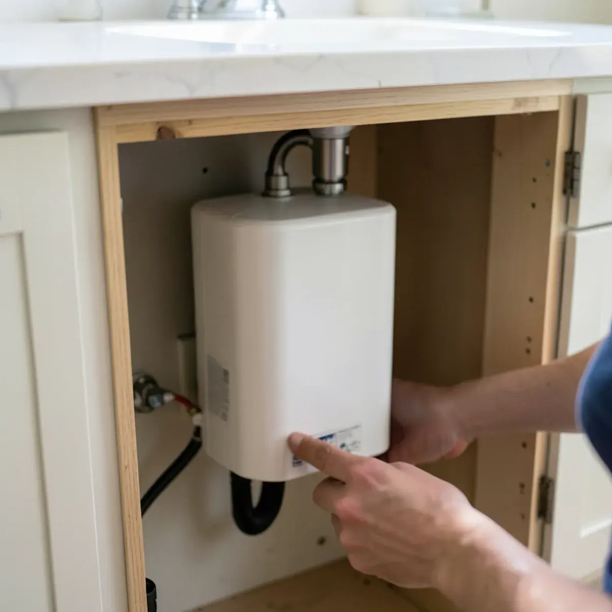 Mini tankless water heater mounted under a bathroom sink