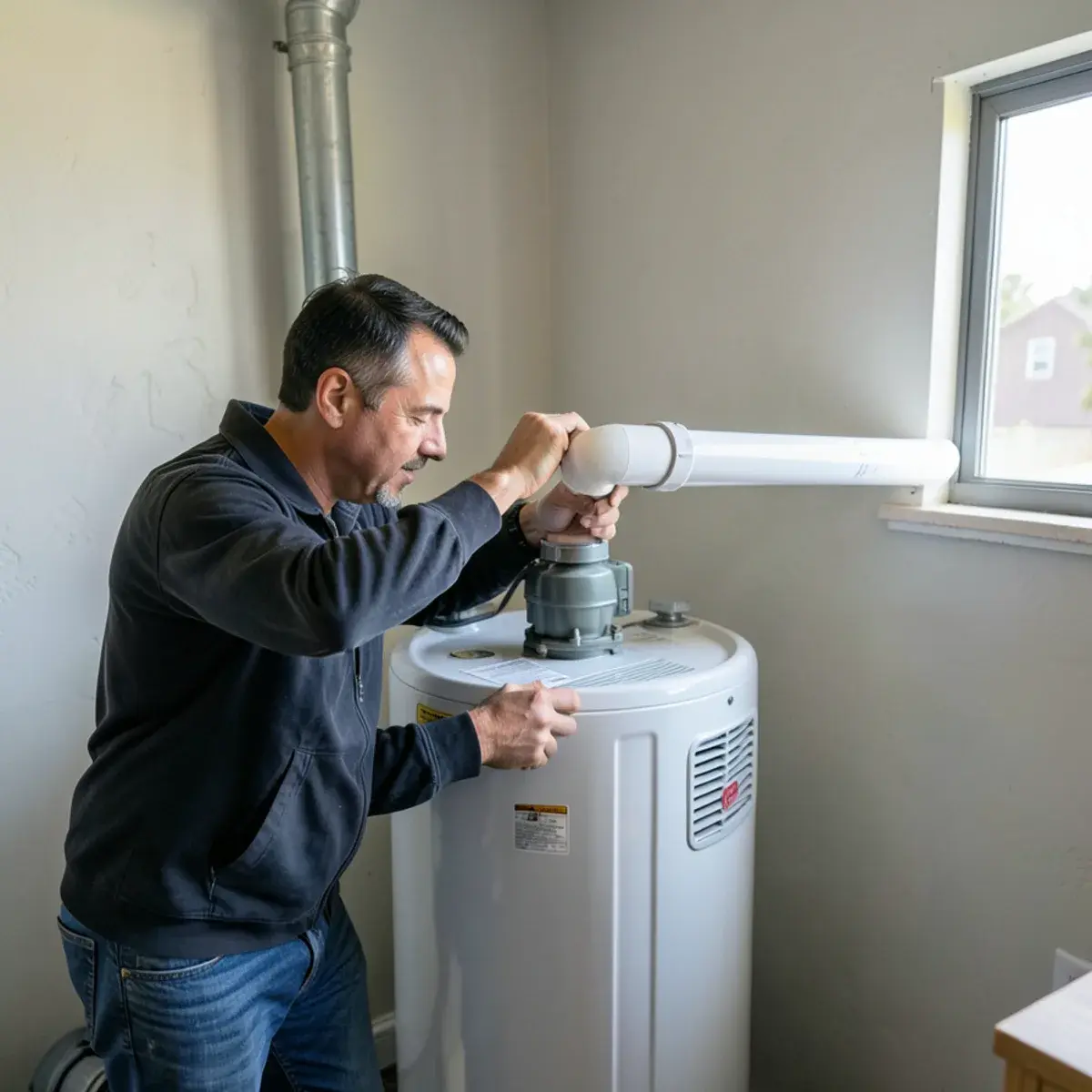 Technician connecting PVC vent pipe to a power-vent water heater