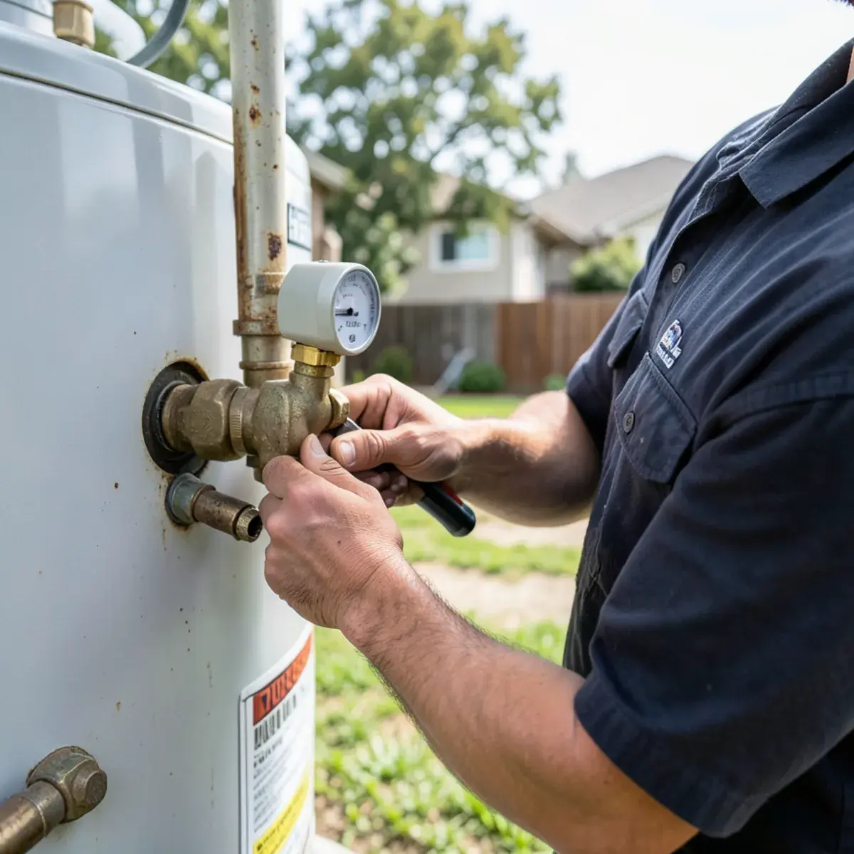 Technician replacing a temperature and pressure relief valve